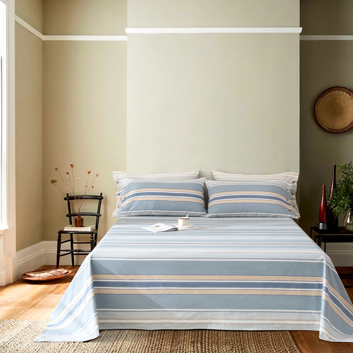Blue striped cotton summer sleeping mat with matching pillowcases