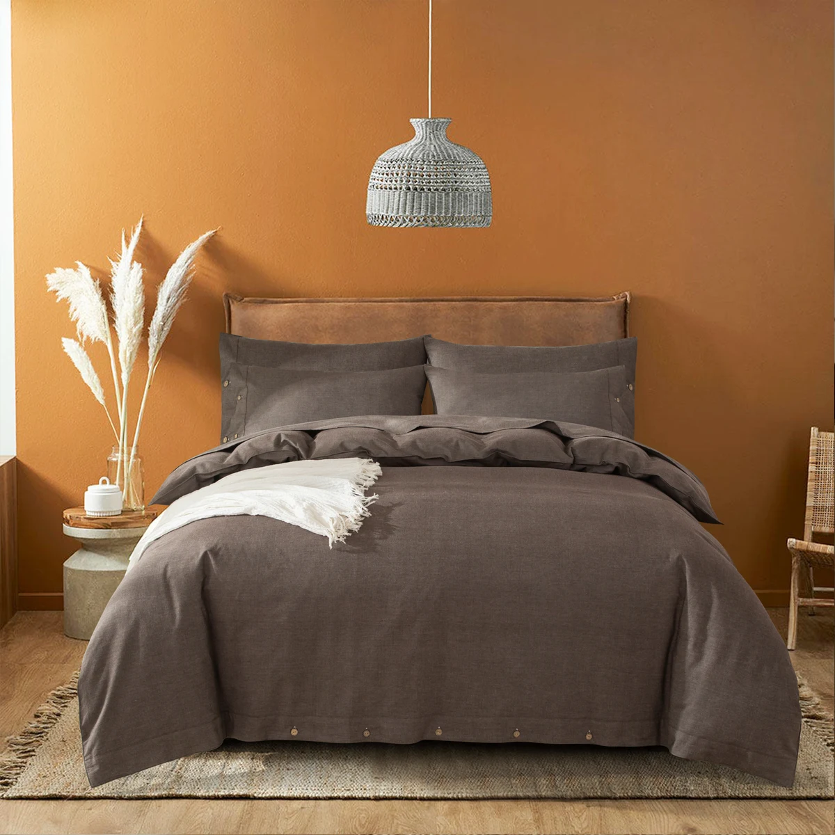 Warm brown plain cotton duvet cover and coordinating pillowcases