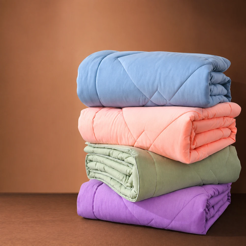 Stack of blue, coral, sage and purple cotton-filled quilts