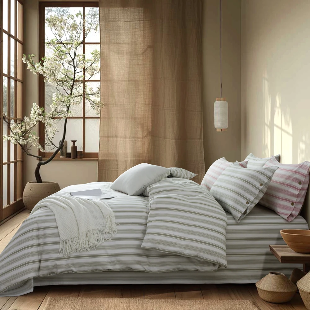 Green-grey stripe duvet cover and pillowcases from the featured series